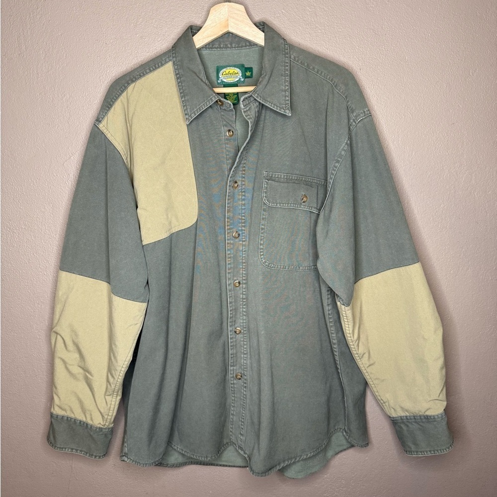 Cabela's Men's Large Green and Tan Button-Up Shirt Fleece Lined Hunting Gorpcore